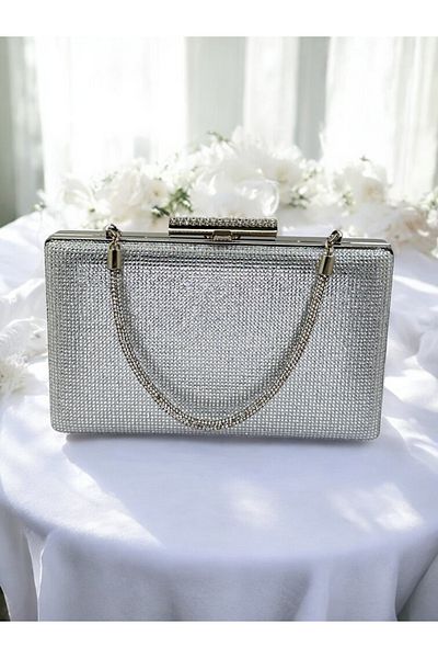 Wedding Fashion Mâner cu pietre de culoare argintie o parte cu piatră geantă de seară pentru femei, nuntă, logodna, absolvire