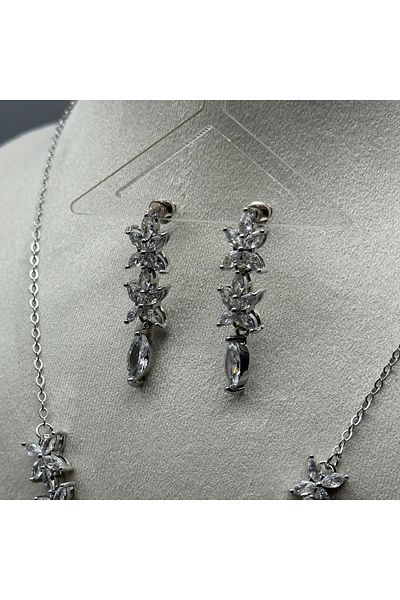 HADRA ACCESSORİES Flower Model Zircon Evening Dress Necklace Earring Set Bridal Jewelry Set Engagement Set Party Invitation Set