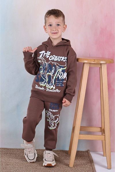 yagmurgiyim Pjk3i Dinosaur μοτίβο καφέ 3 κλωστών ροζ χρυσό με κουκούλα 100% βαμβάκι για αγόρια αθλητική φόρμα 3-10