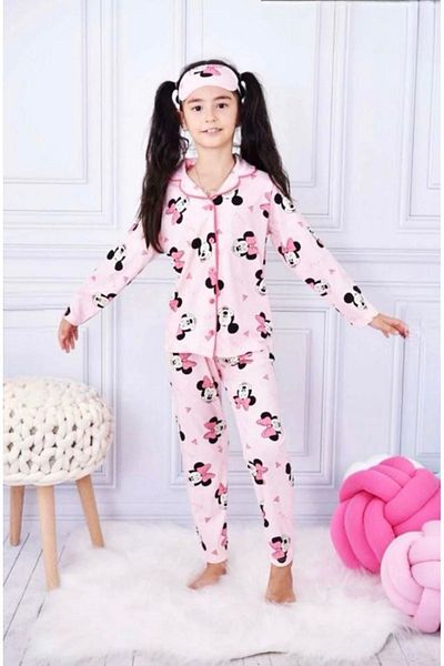 yagmurgiyim Set pijamale roz pentru fete cu model Mickey - mâneci lungi, nasturi în față, 4-12 ani 570u