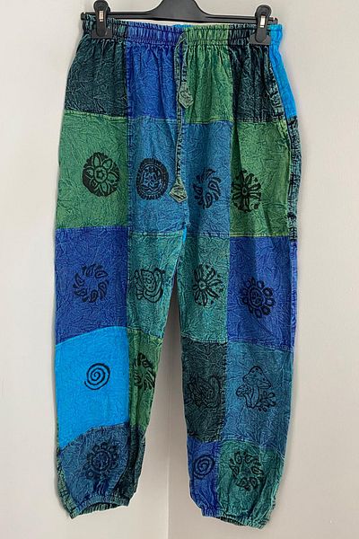 AYASOFYA OTANTIK Unisex Nepal Blue Ethnic Patchwork Παντελόνι Bohemian Hippie με ελαστική μέση και πόδια με τσέπες