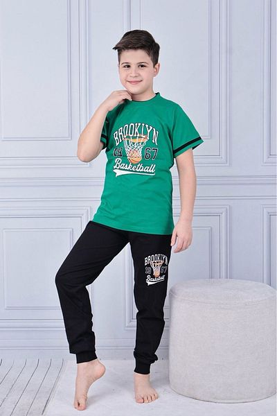 Yağmur Giyim Brooklyn Printed Sleeved Boys' Pajama Set 11-15 Years 7033-Y Green