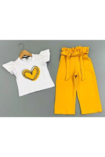Yağmur Giyim Heart Patterned Cropped Fabric Trousers Girl Set Mustard 3-10 Years 7050-H