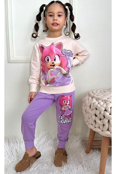yagmurgiyim Tracksuit Set for Girls Pjk2I - Sonic Print, Lilac 2 String, 100% Cotton, 3-10 Years 7441-L