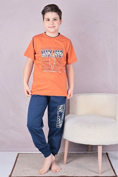 Yağmur Giyim Kapıp Orange Hıkıng Printed Short Sleeve Boy Pajama Set 11-15 Years 7025-t