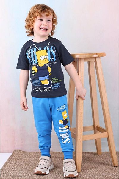 yagmurgiyim PJKKE Simpson Pattern Σκούρο Μπλε Φούτερ Κοστούμι για αγόρια με κοντό μανίκι 3-10 ετών 7492-KM