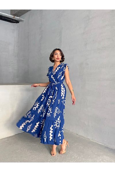 BEJNA Blaues, gewebtes Damenkleid mit Fliegenärmeln und zweireihigem Ausschnitt