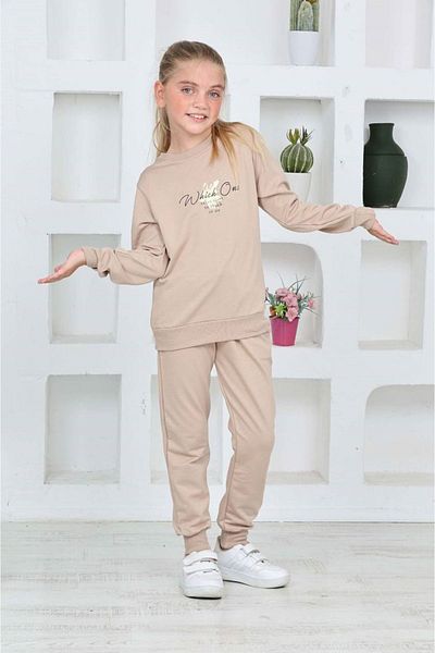 yagmurgiyim Whick One Patterned Beige Σετ αθλητικών κοριτσιών - 100% βαμβάκι, ηλικίας 5-14 ετών 7270-B