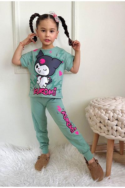 Yağmur Giyim Kuromi Patterned Green Tracksuit Short Suit 3-10 Years 7456-Y