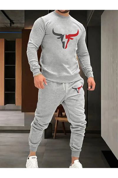 Minikelya Men's Casual Cartoon Printed Sweatshirt & Drawstring Jogger Set