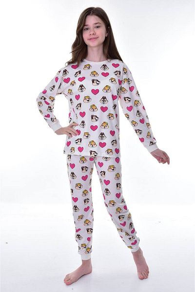 yagmurgiyim Ecru Squirrel Print Pajamas Set for Girls - 100% Cotton, 3-12 Years, 21251-E