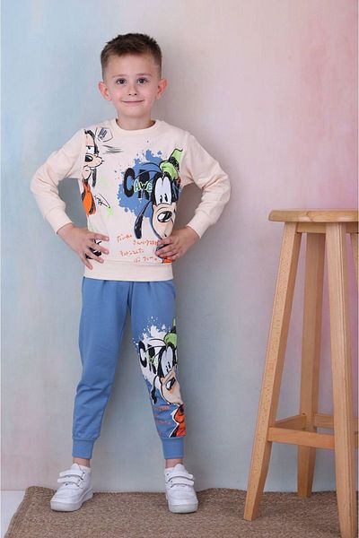 yagmurgiyim Σετ φόρμας Goofy Patterned Blue Boy - 3-10 ετών, 100% βαμβάκι 2 κλωστές 7242-M