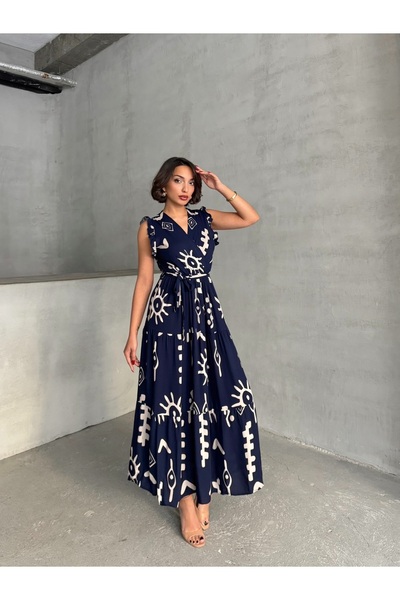 BEJNA Női sötétkék, fodros ujjú, kétsoros galléros szövetruha