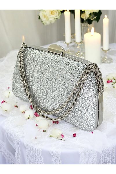 Wedding Fashion Silver Gray Lame Color Stone Chain Handled Women's Evening Dress Bag Graduation Wedding Engagement
