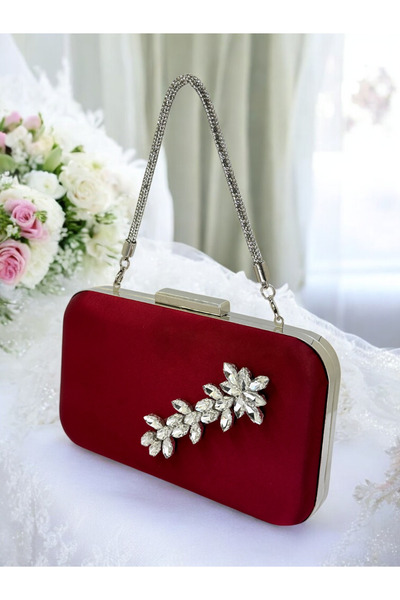 MidStore Geantă de seară din satin cu pietre cristale și mânere cu pietre, pe...