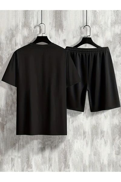 Minikelya Men's Casual 3-Line Printed 2-Piece Suit Black/Black Thshirts Shorts