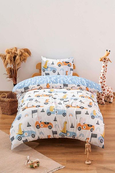 Zethome Set lenjerie de pat pentru copii cu dinozauri cu mașină din bumbac 160x220cm
