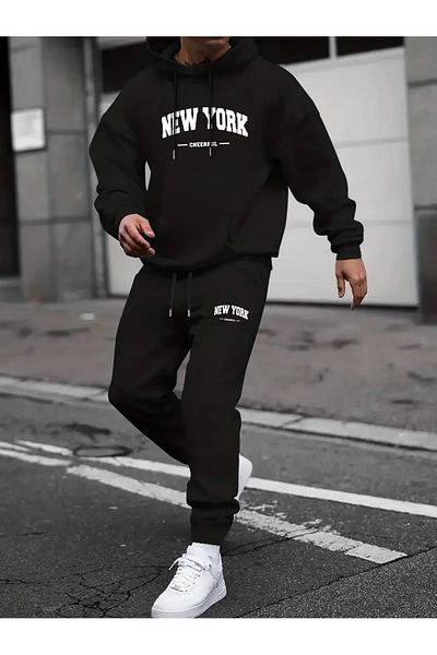 Minikelya New York Printed Men's Comfortable Hooded Tracksuit Set - Geometric Print