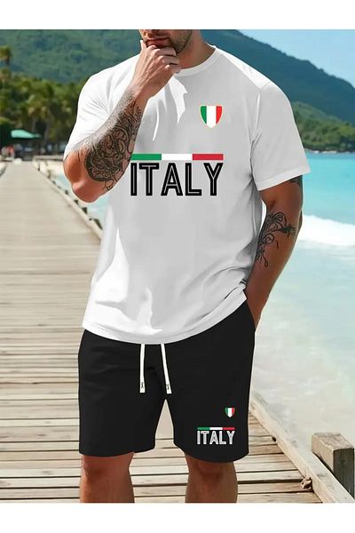 Minikelya Summer Comfortable Two-Piece Suit for Men, High-Quality Fashion Italian Print