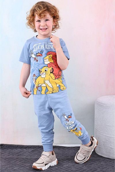 Yağmur Giyim PJKKE Lion King Pattern Μπλε αθλητική φόρμα για αγόρια κοντομάνικο κοστούμι για ηλικίες 3-10 7464-M