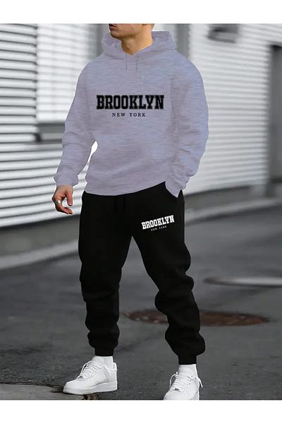Minikelya Brooklyn Printed Men's Fleece Hooded Sweatshirt & Sweatpants Set