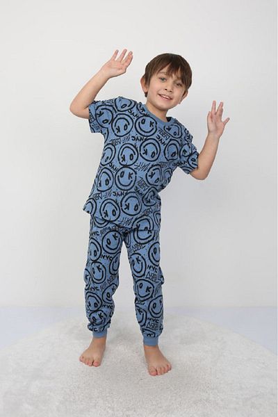 Yağmur Giyim Set de pijamale pentru băieți - model albastru cu fața zâmbitoare 100% bumbac 8-13 ani