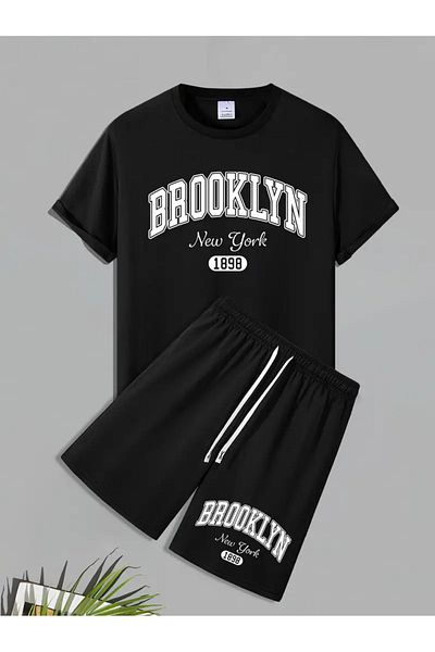 NEW TRENDY COLLECTİON Men S Casual Round Neck T-Shirt and Shorts, 1999 Brooklyn New York Graphic Print