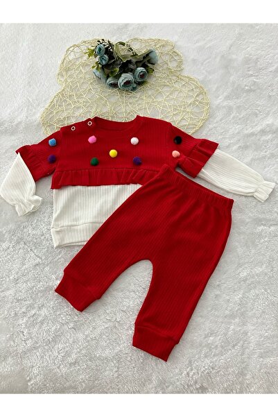 Yağmur Giyim 100% Cotton Red Pompom Ruffle Girls' Set 6-9-12-18 Months 32197-K