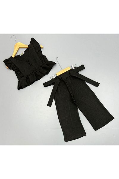 Yağmur Giyim Linen Crop and Trousers Girls' Suit Black 3-10 Years 507-S