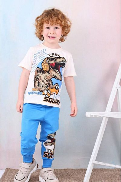 yagmurgiyim Pjkke T-rex Dinosaur Patterned Blue αθλητική φόρμα για αγόρια κοντομάνικο κοστούμι 3-10 ετών 7495-m
