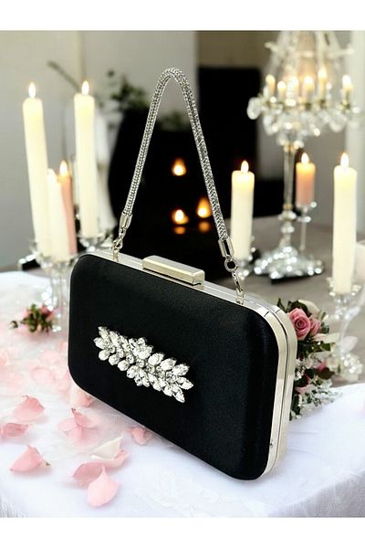 Wedding Fashion Culoare Neagră Satin Piatră Mâner Femei Rochie De Seară Geantă Nunta Logodna Absolventa