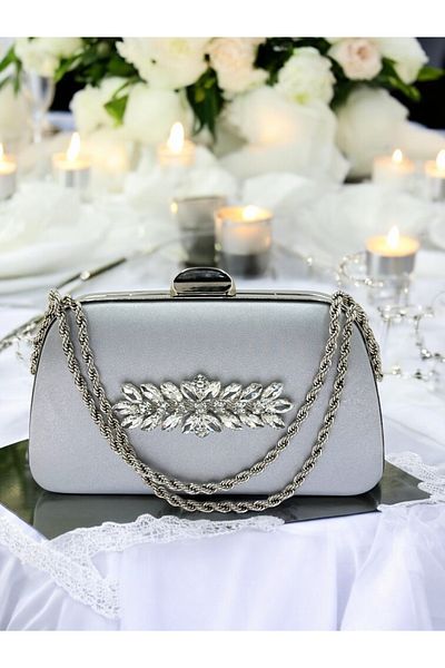 Wedding Fashion Design special, culoare gri, mâner cu lanț din satin, mâner din piatră de cristal, geantă pentru rochie de seară pentru femei
