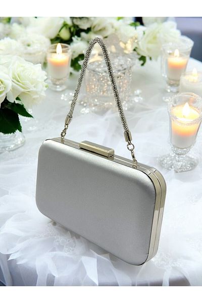 MidStore Silver Gray Lame Color Satin Stone Handle Women's Evening Dress Bag Wedding Engagement Graduation