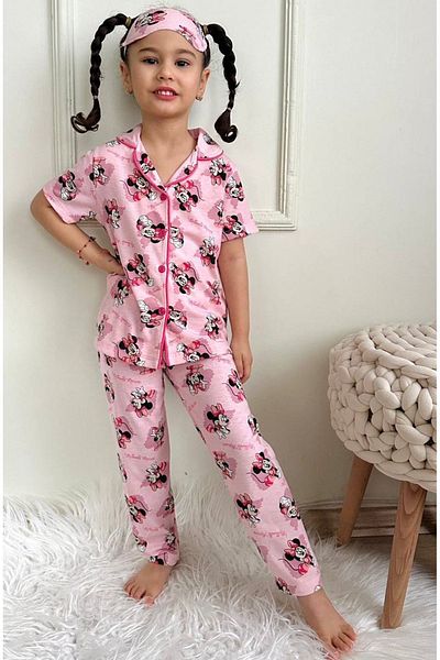 Yağmur Giyim Minnie Mouse Pattern Pink Short Sleeve Girl's Pajamas Set 4-12 Years