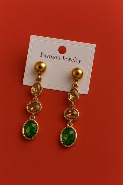 Happy Vibes Emerald Detailed Gold Colored Stone Dangle Earrings