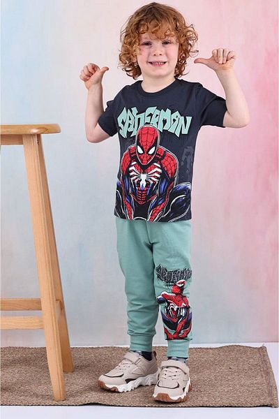 yagmurgiyim PJKKE Spiderman Print Πράσινη αθλητική φόρμα για αγόρια με κοντομάνικο κοστούμι 3-10 ετών 7438-Y