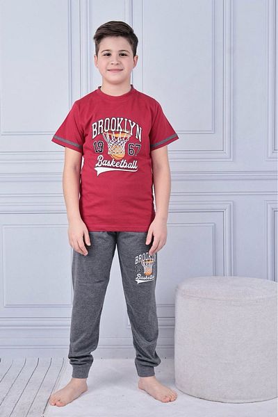 Yağmur Giyim Kapip Claret Red Brooklyn Printed Short Sleeve Boy's Pajama Set 11-15 Years 7033-B