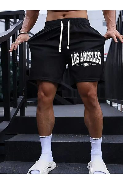 Minikelya Men's "Los Angeles" Printed Comfortable Sports Shorts 2 Pcs Black/Gray