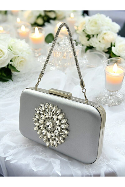 Wedding Fashion Gri argintiu culoare șchiopătă satin piatră mâner geantă roch...