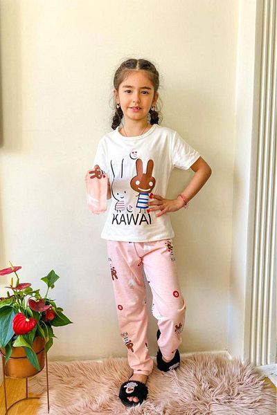 yagmurgiyim Rabbit Print Ecru Girls' Short Sleeve Pajamas Set 4-12 Years 523