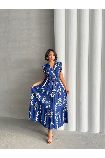 BEJNA Blaues, gewebtes Damenkleid mit Fliegenärmeln und zweireihigem Ausschnitt
