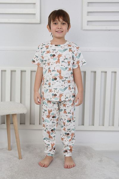Yağmur Giyim İsob Ecru Balloon Giraffe Patterned 100% Cotton Boys Short Sleeve Pajama Set 3-8 Years 41318-E