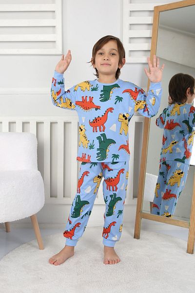 yagmurgiyim Set pijamale pentru băieți, 100% bumbac, cu model de dinozaur albastru Isob, 3-8 ani 32232-m