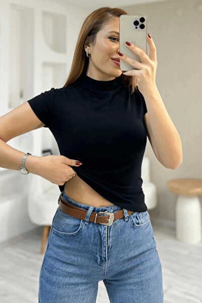 Paw Garage Women's Aria Bebe Sleeve Stand Collar Basic Combed Cotton T-Shirt