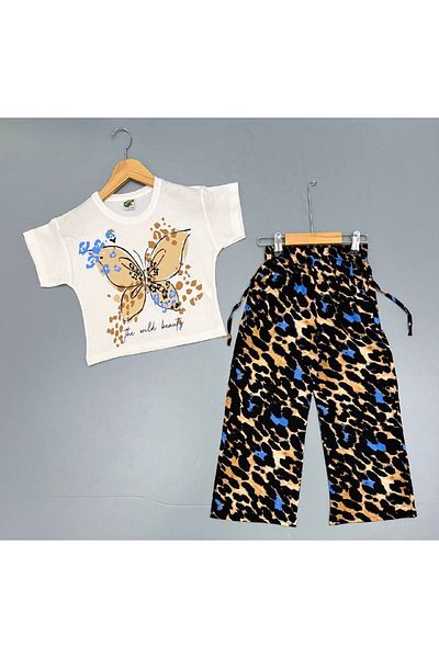 Yağmur Giyim Butterfly Pattern Leopard Pants Girls Suit Ecru 4-12 Years 7086-E