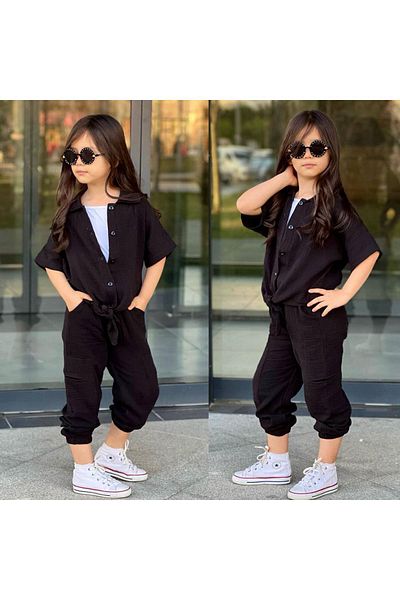 Yağmur Giyim 3-Piece Muslin Shirt, Suspender Badi, Trousers Girl Set Black 4-12 Years 7029-S