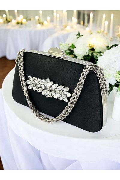 Wedding Fashion Design special, culoare neagră, mâner cu lanț din satin, mâner din piatră de cristal, geantă pentru rochie de seară pentru femei