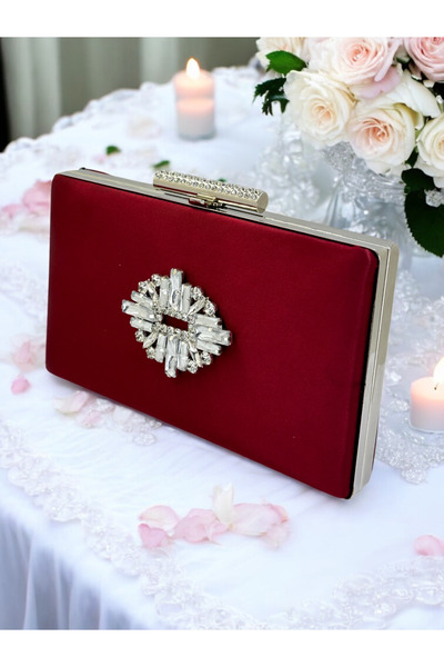 Generic Brand Burgundy Crystal Stone Satin Women's Evening 2026 Trend Bag Eve...