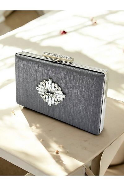 MidStore Antracit Gri Culoare Platină Fără Amprentă Linii Satin Cristal Pietre Femei Rochie de Seara Geanta Nunta Logodna