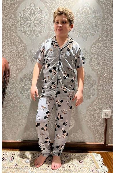 Yağmur Giyim Gray Mickey Patterned Short Sleeve Boy's Pajamas Set 4-12 Years 703K